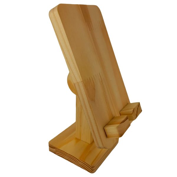 Suporte de celular elegante e resistente em madeira pinus com regulagem de 180 graus